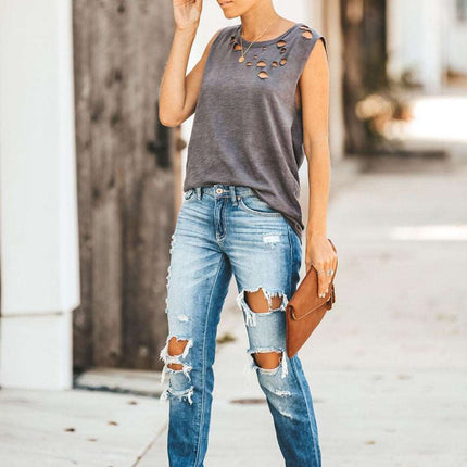 Broken Hole Detail Sleeveless Crew Neck Tank Top