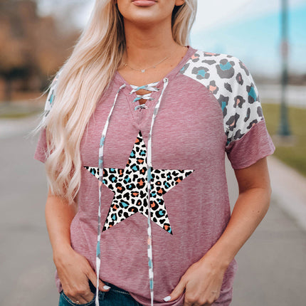 Lace up Leopard Sleeve T Shirt
