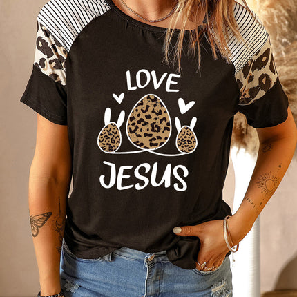 Striped Leopard Print Short Sleeve Women T-shirt