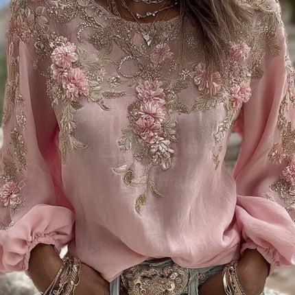 Vintage Pink Rose Embroidery Art Round Neck Long Sleeve Linen Blend T-shirt