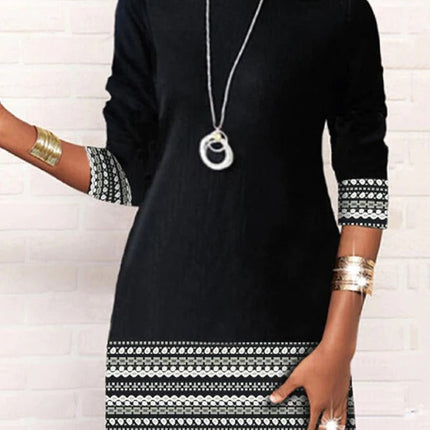 Black and White Aztec Print Trim Long Sleeve Mini Dress