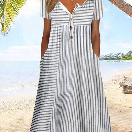 Notch Button Front Striped Midi Dress