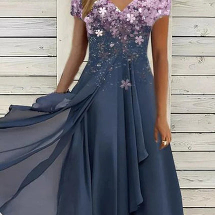 Lilac Flower Print V-Neck Uneven Hem Midi Dress