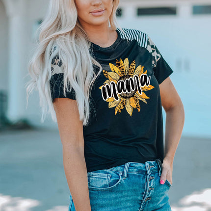 Striped Leopard Print Short Sleeve Women T-shirt