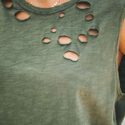 Broken Hole Detail Sleeveless Crew Neck Tank Top