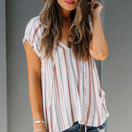 Striped Print Loose V Neck Short Sleeve Top