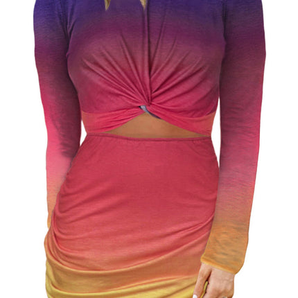 Khaki Long Sleeve Cut-out Twist Ruched Bodycon Mini Dress