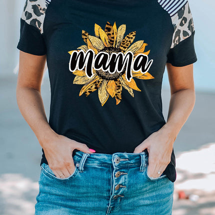 Striped Leopard Print Short Sleeve Women T-shirt