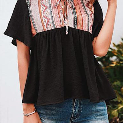 Western Serape Patchwork Flounce Short Sleeve Top