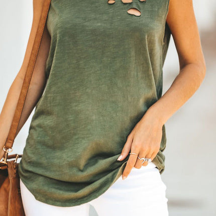 Broken Hole Detail Sleeveless Crew Neck Tank Top