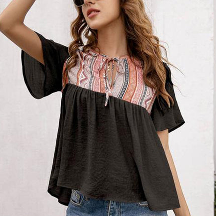 Western Serape Patchwork Flounce Short Sleeve Top