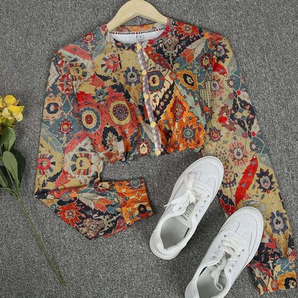 Culture Print Button Up Long-Sleeved Top
