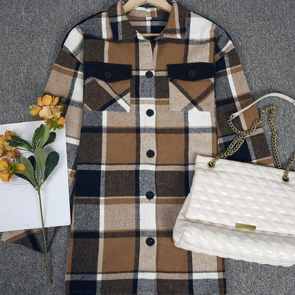 Stylish Check Print Coffee Outerwear