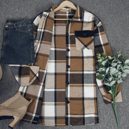Stylish Check Print Coffee Outerwear