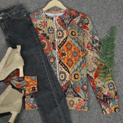 Culture Print Button Up Long-Sleeved Top