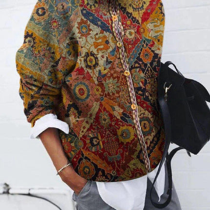 Culture Print Button Up Long-Sleeved Top