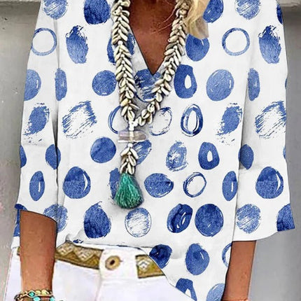 Abstract Blue Dot White V-Neck Tunic Top