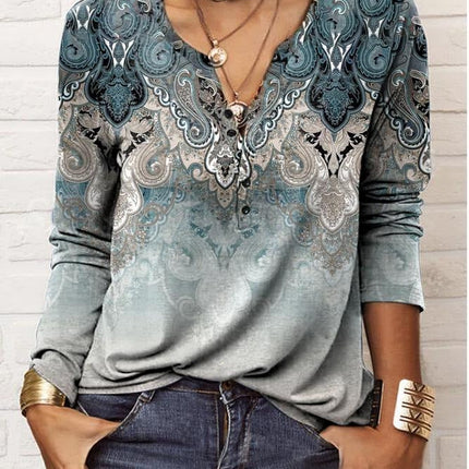 Blue-Gray Oceanic Luxe Print V-Neck Long Sleeve Top