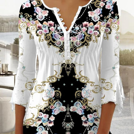 Vintage Inspo Black and White Floral Pleated Button Front Top