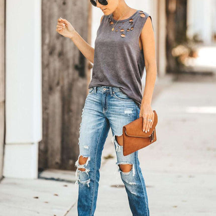 Broken Hole Detail Sleeveless Crew Neck Tank Top