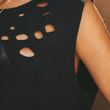 Broken Hole Detail Sleeveless Crew Neck Tank Top