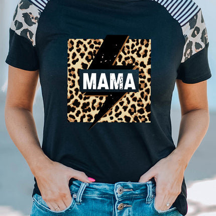 Striped Leopard Print Short Sleeve Women T-shirt