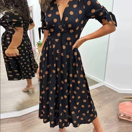 V-neck Polka Dot Waist Casual Dress