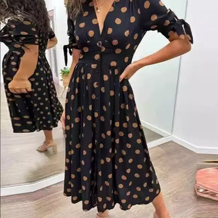 V-neck Polka Dot Waist Casual Dress