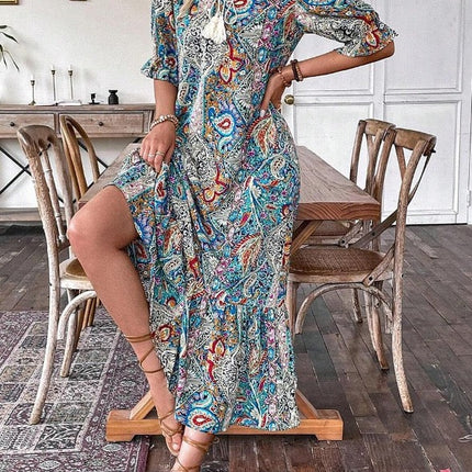 Colorful Paisley Shirred Waist Long Summer Dress