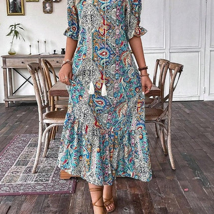 Colorful Paisley Shirred Waist Long Summer Dress