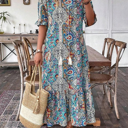 Colorful Paisley Shirred Waist Long Summer Dress