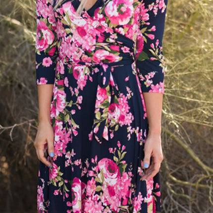 Wrap V Neck Floral Dress with Belt