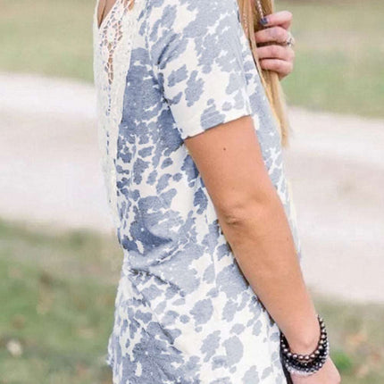 Crochet Lace Patchwork Cow Print Short Sleeve T-shirt
