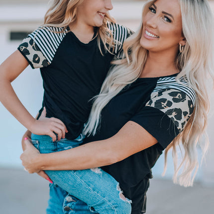 Striped Leopard Print Short Sleeve Women T-shirt