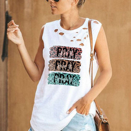 Broken Hole Detail Sleeveless Crew Neck Tank Top