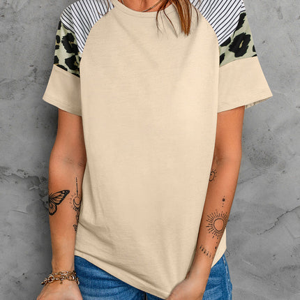 Striped Leopard Print Short Sleeve Women T-shirt