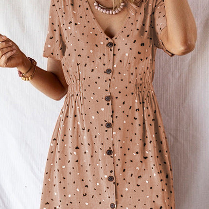 Printed V Neck Button High Waist Short Dress