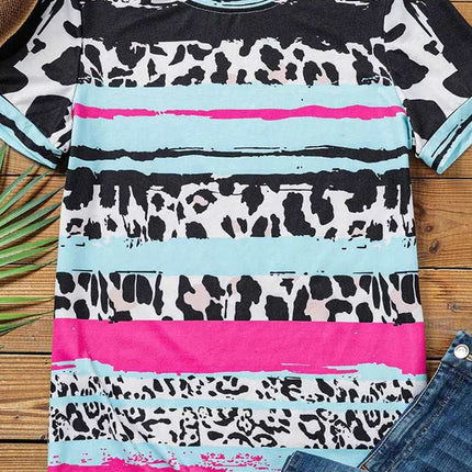 Cow Leopard Striped O-Neck Western Tee