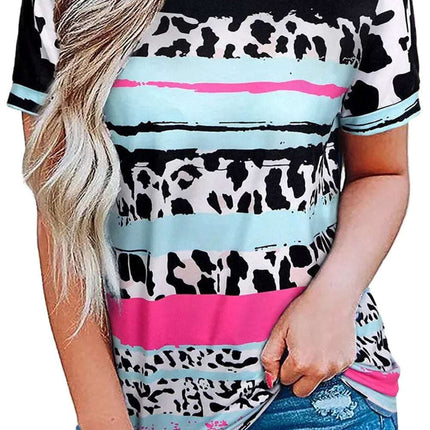 Cow Leopard Striped O-Neck Western Tee