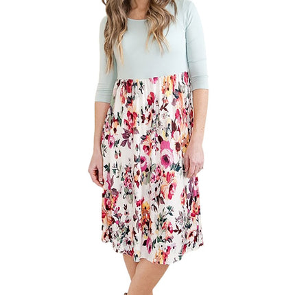 Grey Solid Bodice Floral Bottom Midi Dress