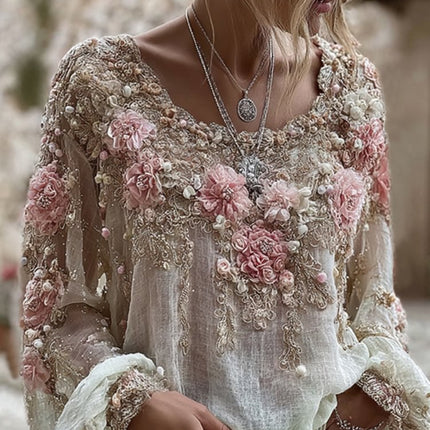 Pink Rose Embroidery Art Round Neck Long Sleeve Linen Blend T-shirt