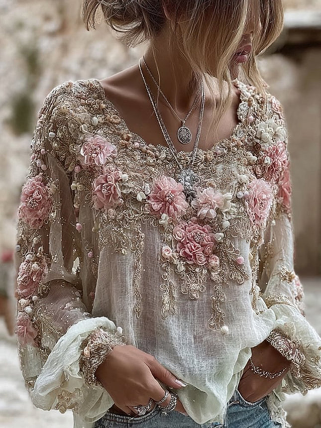 Pink Rose Embroidery Art Round Neck Long Sleeve Linen Blend T-shirt