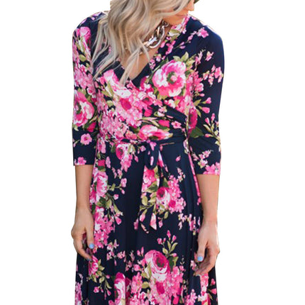 Wrap V Neck Floral Dress with Belt