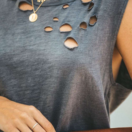 Broken Hole Detail Sleeveless Crew Neck Tank Top