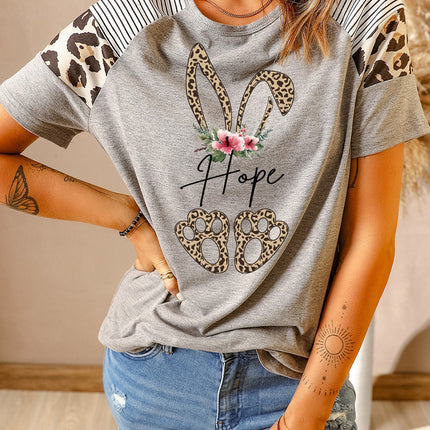 Striped Leopard Print Short Sleeve Women T-shirt