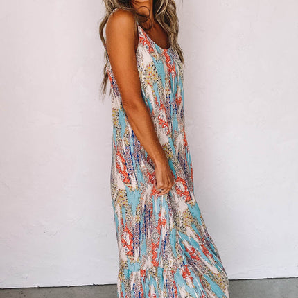 Western Pattern Print Spaghetti Strap Shift Maxi Dress