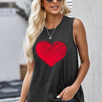 Valentine Heart Print Loose Crew Neck Tank Top