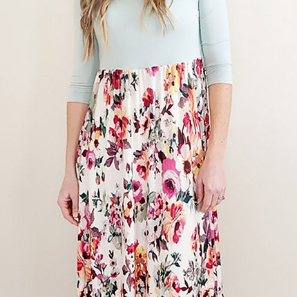 Grey Solid Bodice Floral Bottom Midi Dress