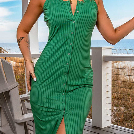 Buttoned Ribbed Sleeveless Bodycon Midi Dress