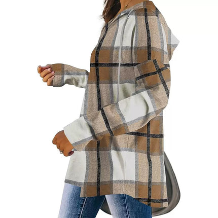 V-neck Plaid Hooded Pullover Top